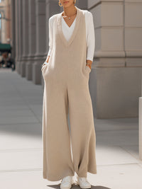 Beige Ribbed Knit Wide-Leg Jumpsuit