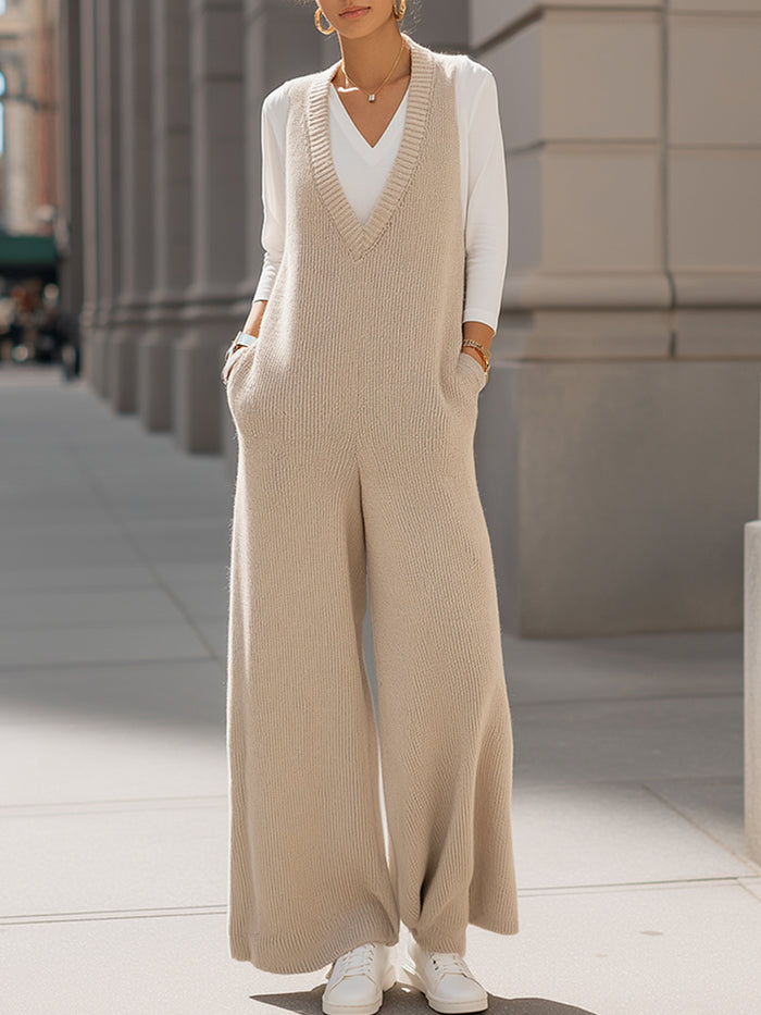Beige Ribbed Knit Wide-Leg Jumpsuit