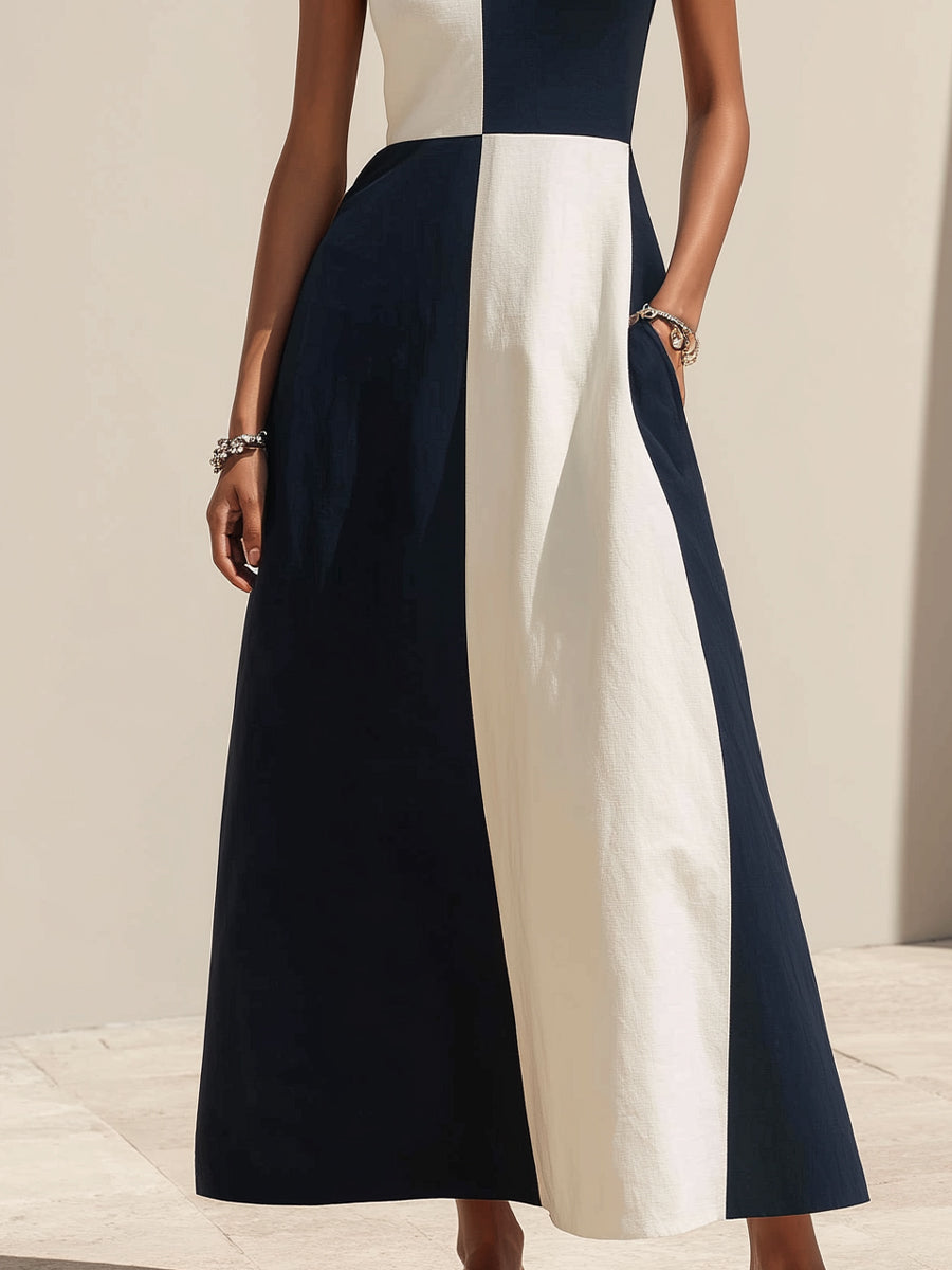 Colorblock Halter Neckline A-Line Maxi Dress