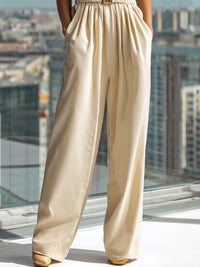 Draped Stand-Collar Top & Wide-Leg Pants Tailored Set