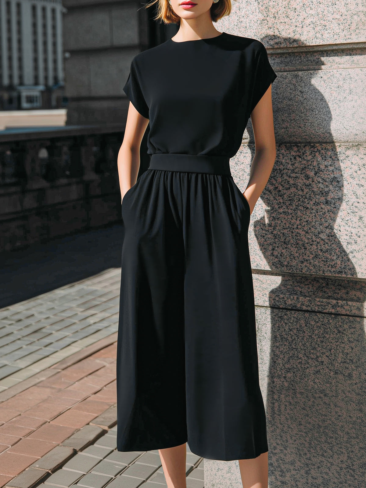 Minimalist Cap-Sleeve Top & Wide-Leg Culotte Set