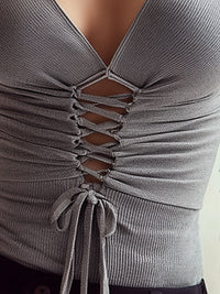 Gray Lace-Up Ribbed Knit Top