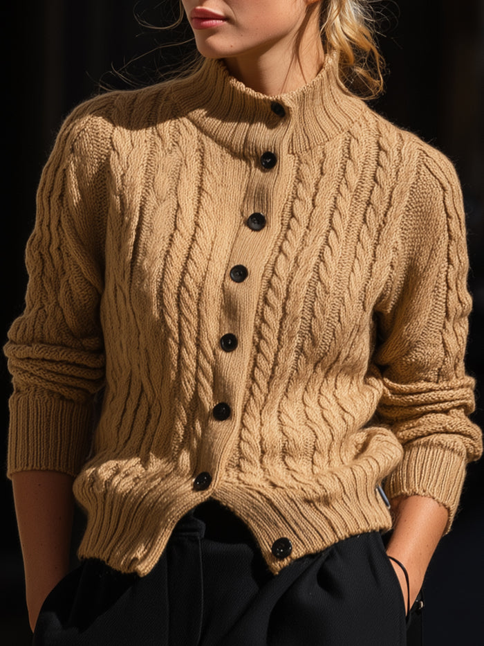 Camel Cable Knit Button-Up Cardigan