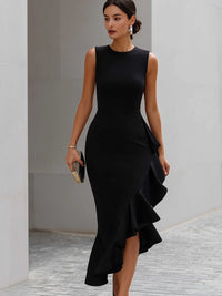 Sleeveless Asymmetric Ruffle Midi Dress