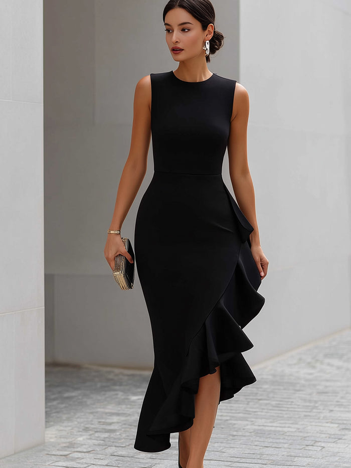 Sleeveless Asymmetric Ruffle Midi Dress