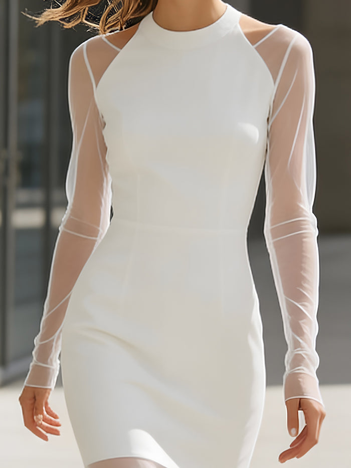 Sheer Panel Long-Sleeve Midi Dress