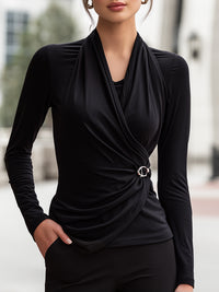 Draped Wrap-Neck Long Sleeve Top