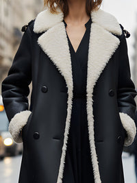 Black Faux-Leather Long Coat With Shearling Trim