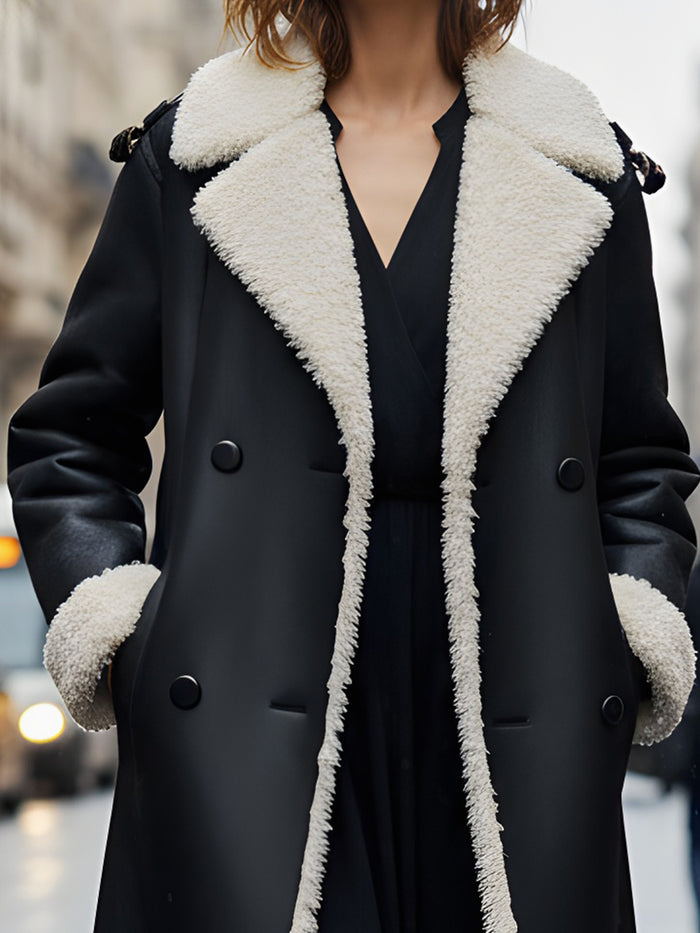 Black Faux-Leather Long Coat With Shearling Trim