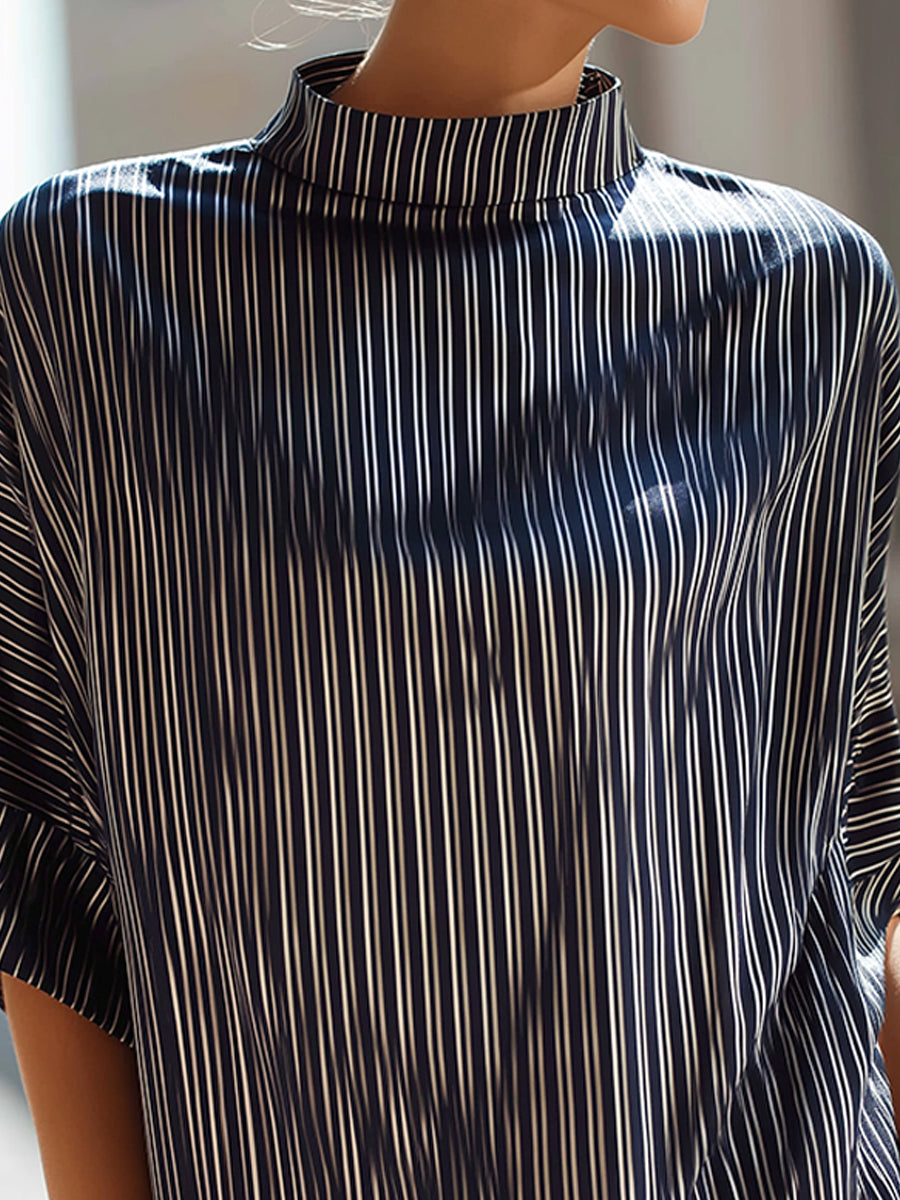 Striped Mock Neck Relaxed Short Sleeve Top