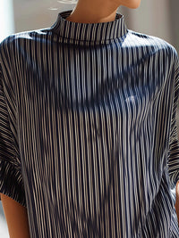Striped Mock Neck Relaxed Short Sleeve Top