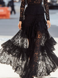Black Lace Maxi Dress With Ruffled Skirt And Sheer Sleeves