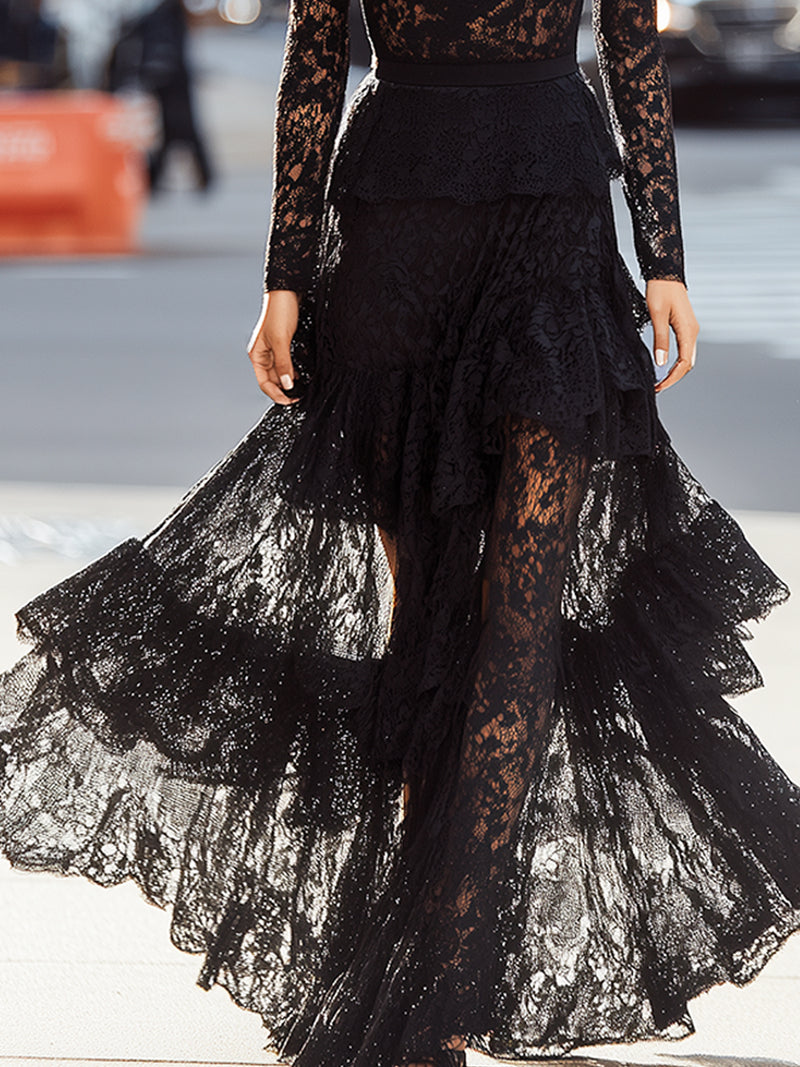 Black Lace Maxi Dress With Ruffled Skirt And Sheer Sleeves