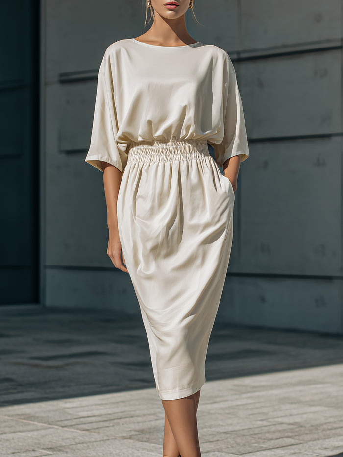 Relaxed Waist-Gathered Midi Dress With Draped Sleeves