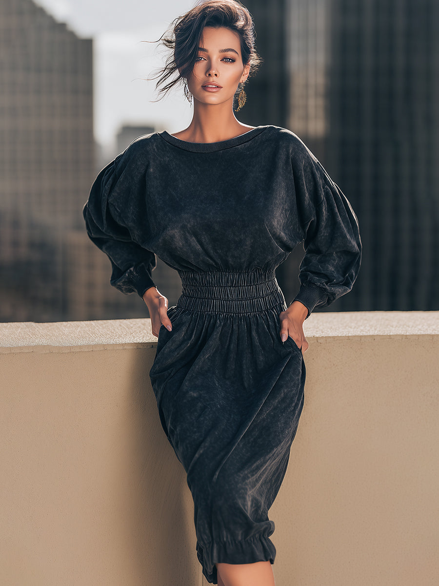 Black Washed Smocked-Waist Puff-Sleeve Midi Dress