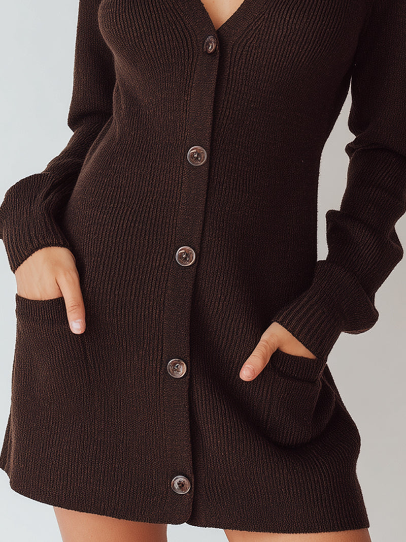 Chocolate Brown Button-Front Knit Sweater Dress