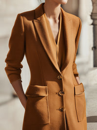 Camel Slim-Fit Long Suit Jacket Wool Coat