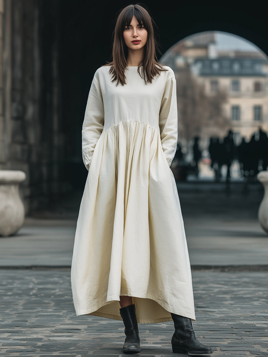 Minimalist Cotton Linen Long-Sleeved Dress With Cinched Waist