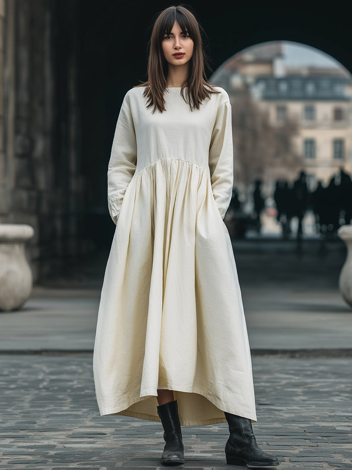 Minimalist Cotton Linen Long-Sleeved Dress With Cinched Waist