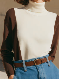 Two-Tone Ribbed Turtleneck Sweater