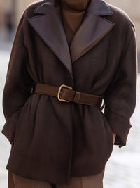 Chocolate Brown Belted Coat With Contrast Lapels