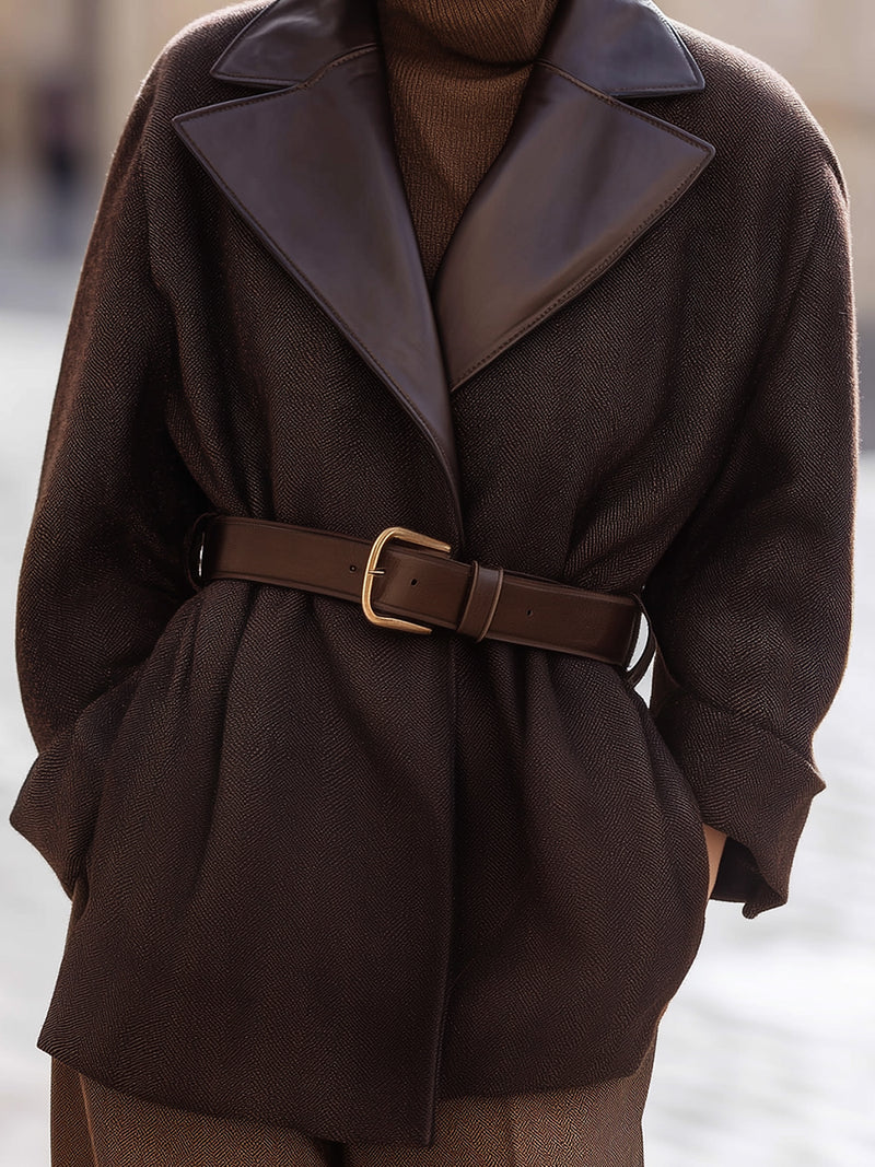 Chocolate Brown Belted Coat With Contrast Lapels
