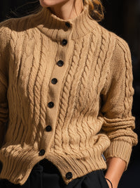 Camel Cable Knit Button-Up Cardigan