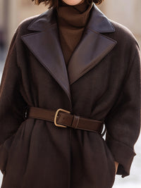 Chocolate Brown Belted Coat With Contrast Lapels