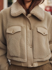 Beige Faux Shearling Cropped Jacket With Utility Details