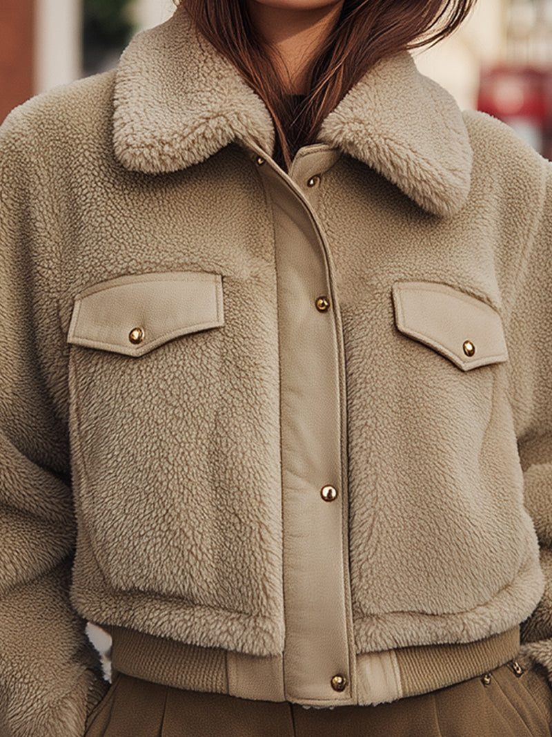 Beige Faux Shearling Cropped Jacket With Utility Details