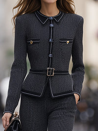 Tailored Pinstripe Belted Blazer & Wide-Leg Trouser Set