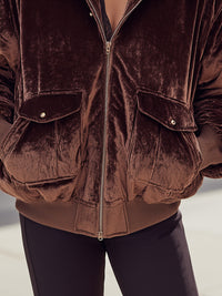 Chocolate Velvet Bomber Jacket With Plush Faux Fur Collar