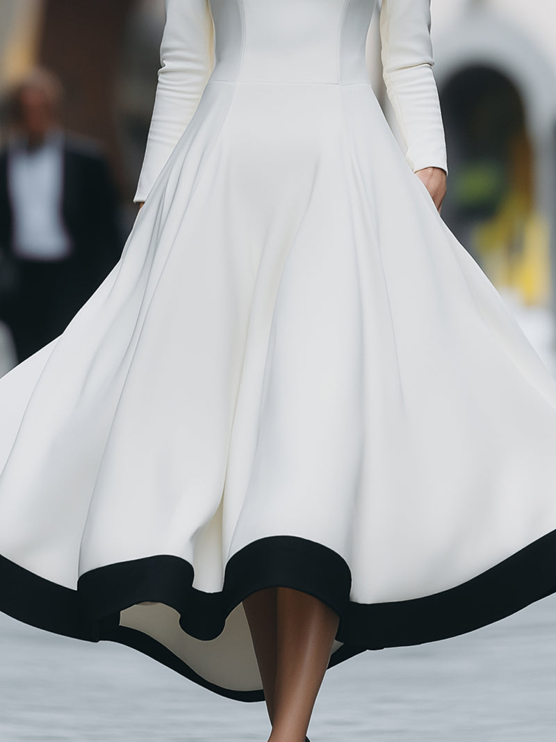 Monochrome Elegance High-Neck A-Line Midi Dress