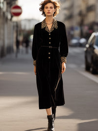 Black Velvet Midi Dress With Leopard Print Collar And Cuffs