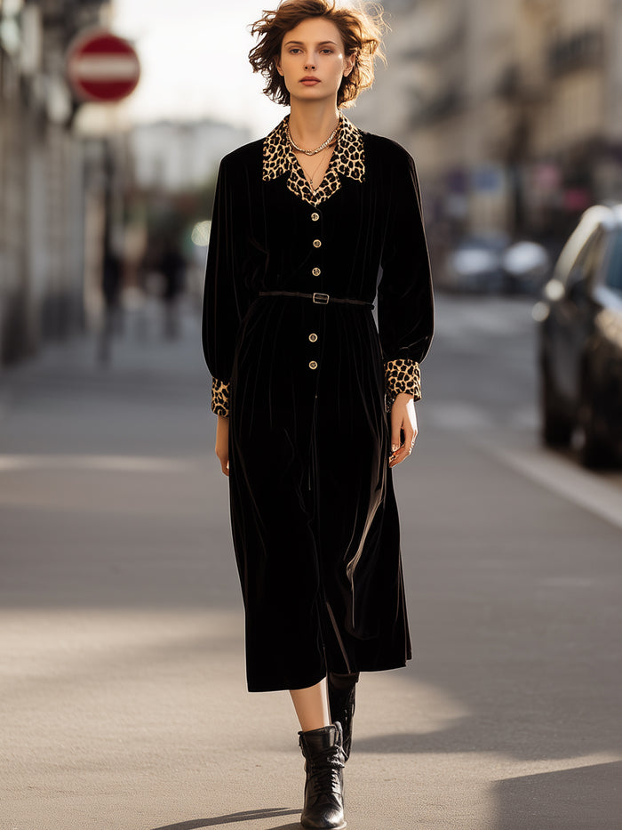 Black Velvet Midi Dress With Leopard Print Collar And Cuffs