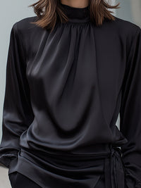Satin High-Neck Draped Tie-Waist Blouse