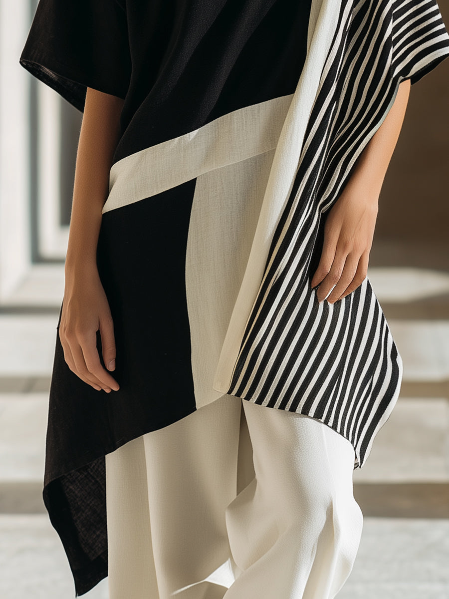 Asymmetric Stripe Color-Block Draped Top