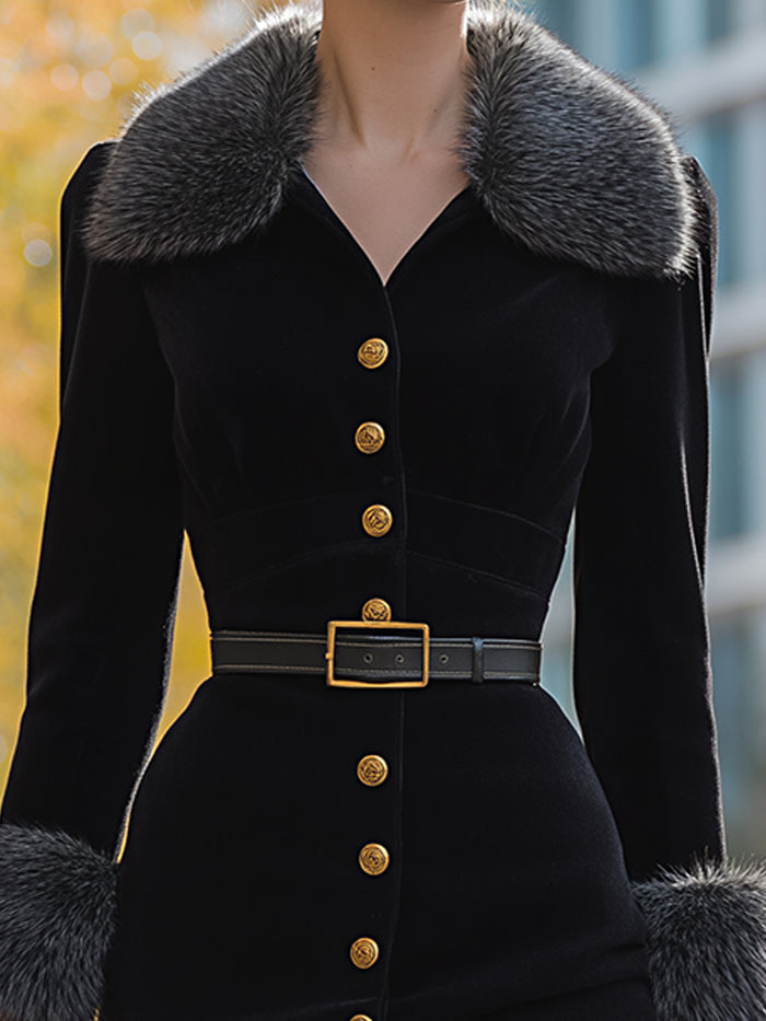 Black Velvet Midi Dress With Fur Trim And Gold Button Detailing