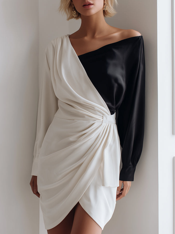 Asymmetric Color-Block Draped One-Shoulder Mini Dress