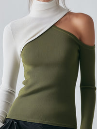 Asymmetric Two-Tone Cutout Ribbed Knit Top
