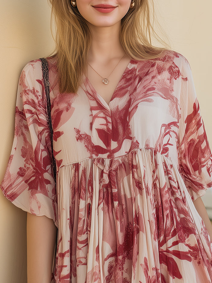 Printed Short-Sleeve Tiered Midi Dress