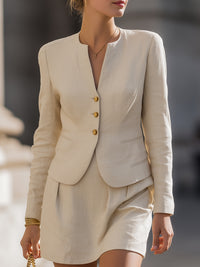 Linen-Blend Collarless Blazer & Skirt Set