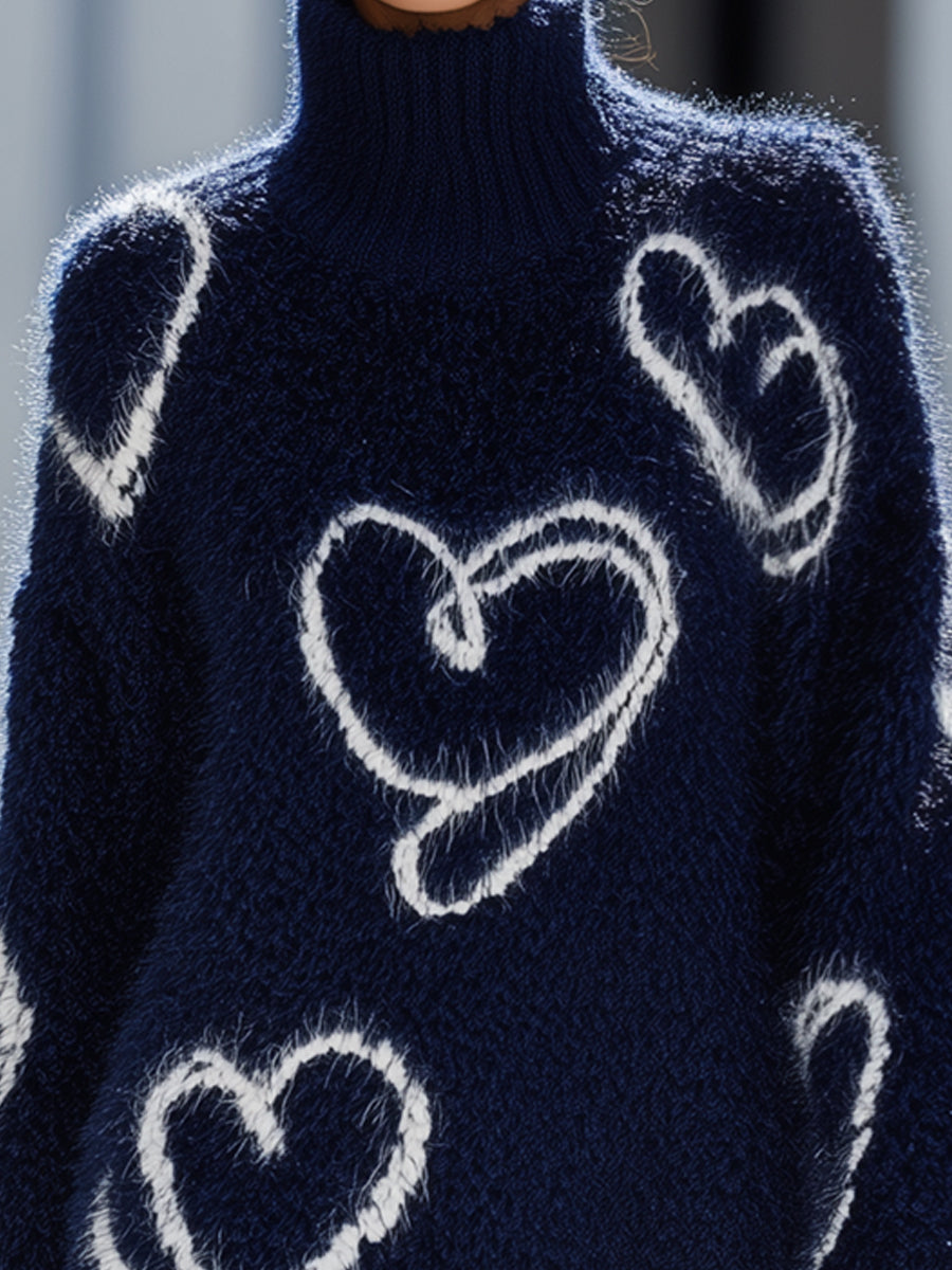 Cozy Heart Pattern Turtleneck Sweater