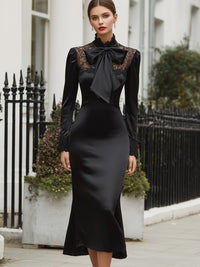 Satin Midi Dress With Lace Detail And Bow Tie Neck