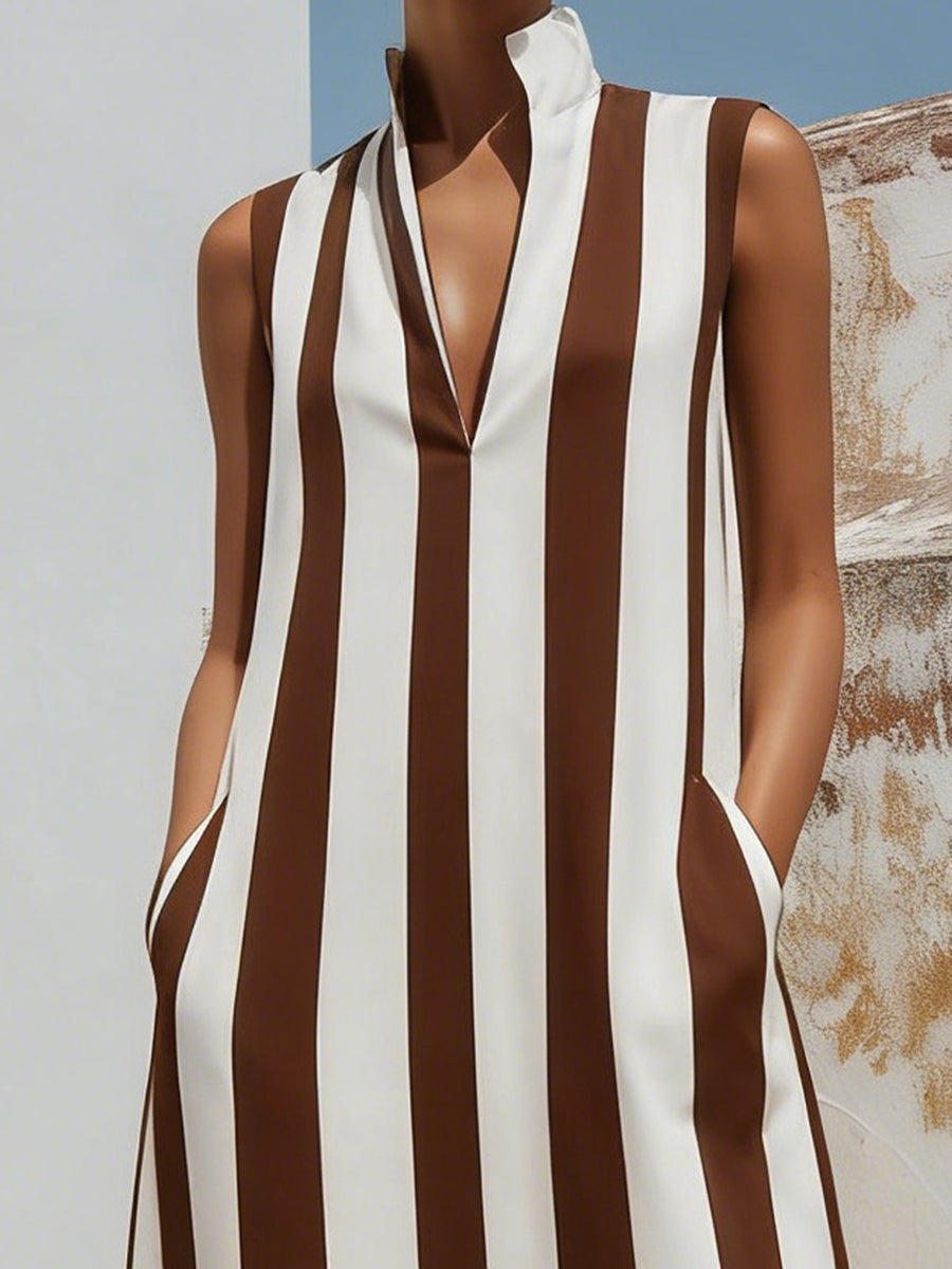 Women’s Sleeveless Stand Collar V-Neck Vertical Stripe Midi Dress With Pockets