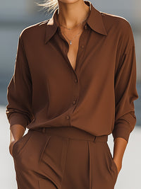 Brown Satin Button-Up Shirt And Wide-Leg Trouser Set
