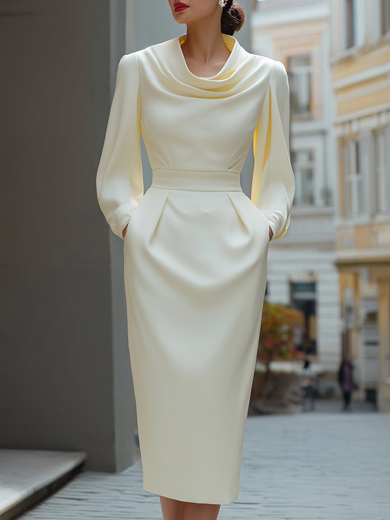 Ivory Draped Neck Long-Sleeve Midi Dress