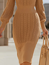 Camel Knit Long Sleeve Midi Dress