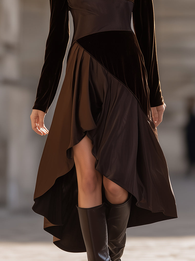 Asymmetric Velvet And Satin Panel Dress