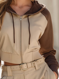 Color-Blocked Hooded Zip-Up Jacket With Belted Trousers